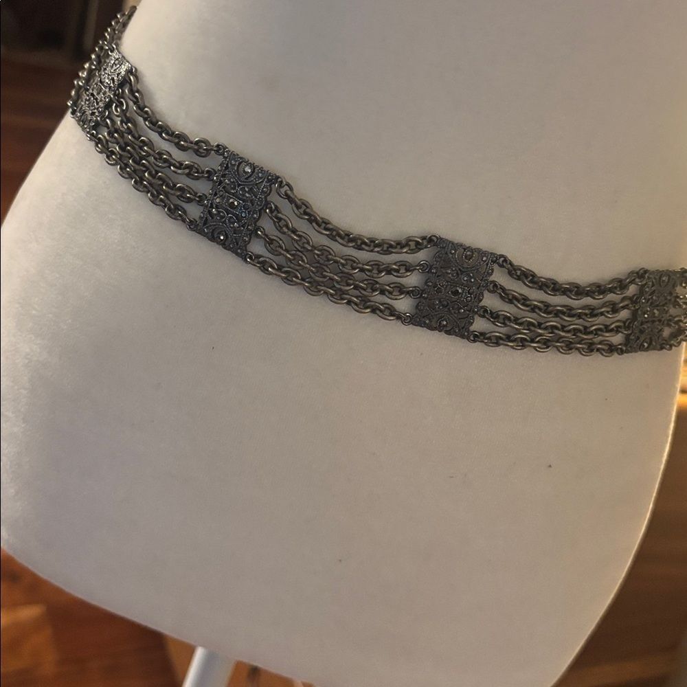 Gunmetal Silver Chain Belt with Rhinestones